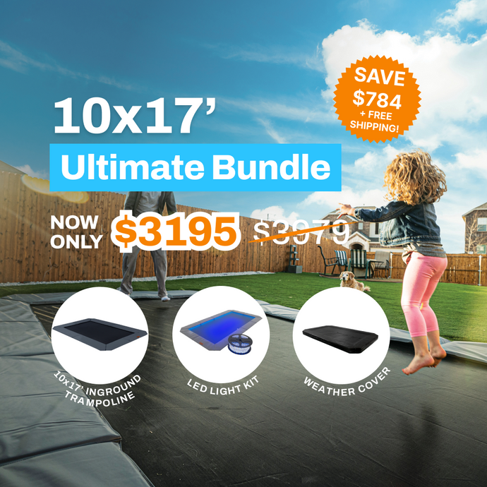 Ultimate Bundle Sale! 10'x17' Rectangle Pro-Line In-ground Trampoline + LED Lights + Cover