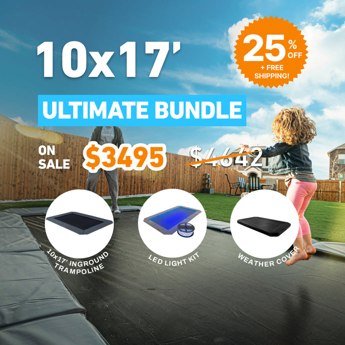 Ultimate Bundle! 10'x17' Rectangle Pro-Line In-ground Trampoline + LED Lights + Cover