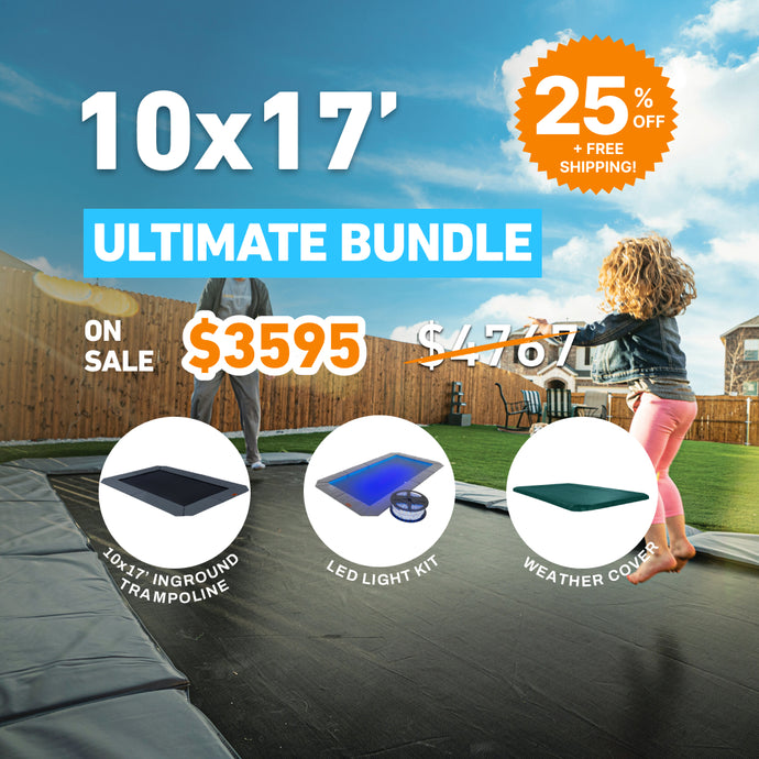 Ultimate Bundle! 10'x17' Rectangle Pro-Line In-ground Trampoline + LED Lights + Cover