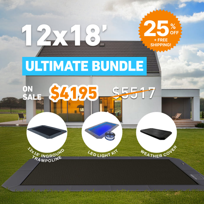 Ultimate Bundle! 12x18' Rectangle Pro-Line MAX Avyna In-Ground Trampoline + LED Lights + Cover