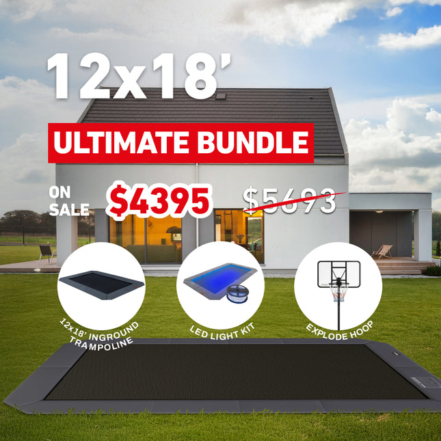 Ultimate Bundle! 12x18' Rectangle Pro-Line MAX Avyna In-Ground Trampoline + LED Lights + Hoop