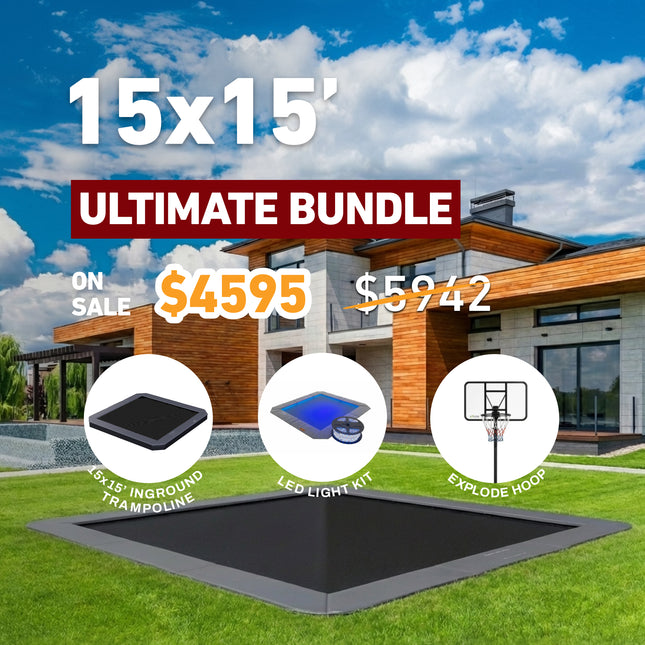 Ultimate Bundle! 15x15' Square Pro-Line MAX Avyna In-Ground Trampoline + LED + Hoop