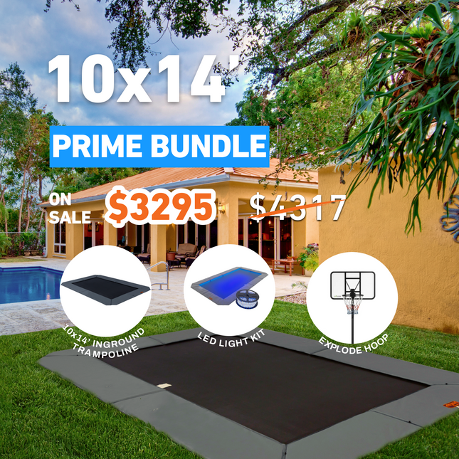 Primer Day Bundle! 10'x14' Rectangle Pro-Line In-ground Trampoline + LED Lights + Hoop