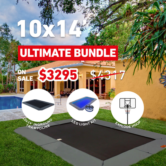 Ultimate Bundle! 10'x14' Rectangle Pro-Line In-ground Trampoline + LED Lights + Hoop