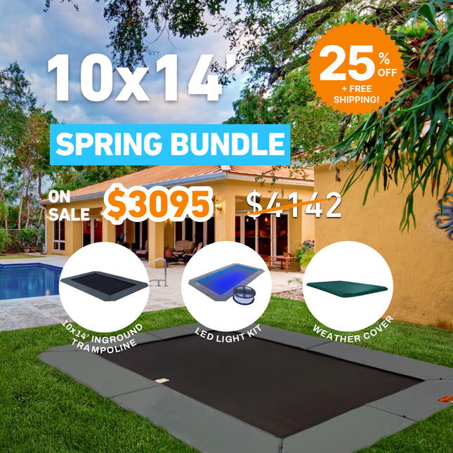 Spring Bundle! 10'x14' Rectangle Pro-Line In-ground Trampoline + LED Lights + Cover