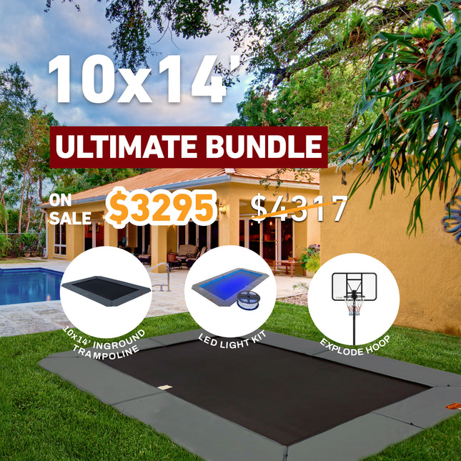 Ultimate Bundle! 10'x14' Rectangle Pro-Line In-ground Trampoline + LED Lights + Hoop