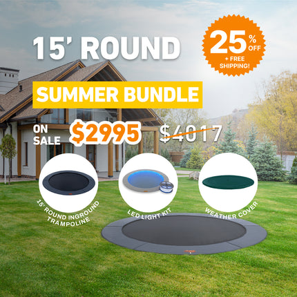 Summer Bundle! 15' Round Pro-Line In-ground Trampoline + LED Lights + Cover
