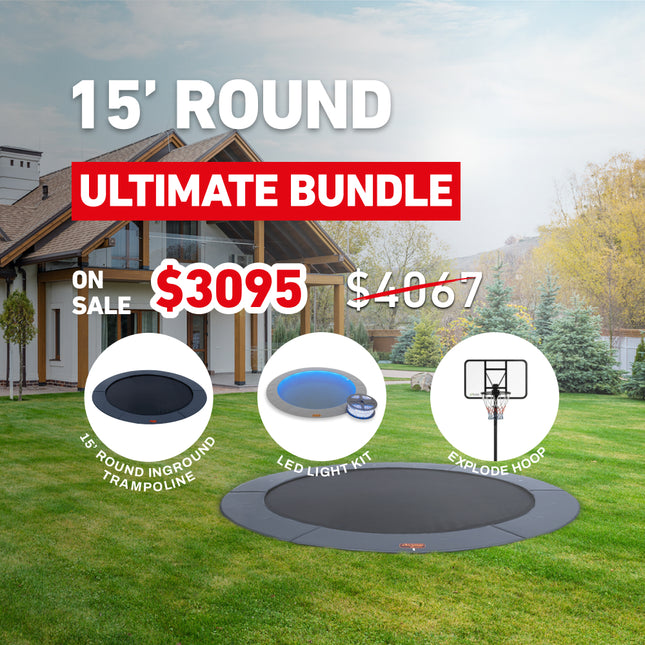 Ultimate Bundle! 15' Round Pro-Line In-ground Trampoline + LED Lights + Hoop