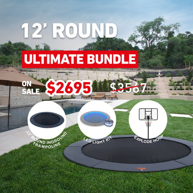 Ultimate Bundle! 12' Round Pro-Line In-ground Trampoline + LED Lights + Hoop