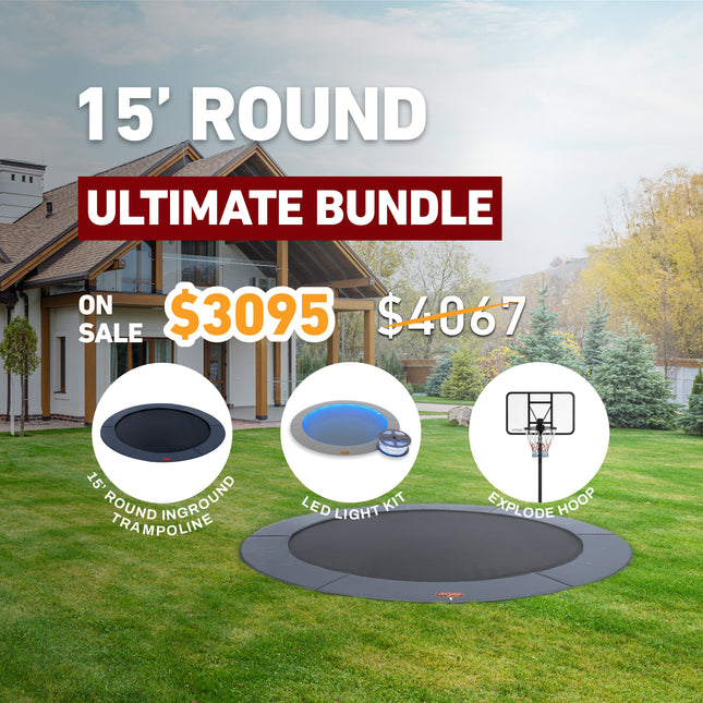 Ultimate Bundle! 15' Round Pro-Line In-ground Trampoline + LED Lights + Hoop